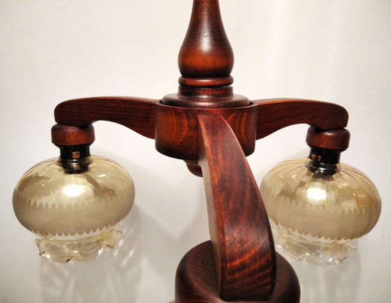 Image 1 of Mid-Century, Lustre Vintage en bois avec abat-jour en verre, 70's Hungary