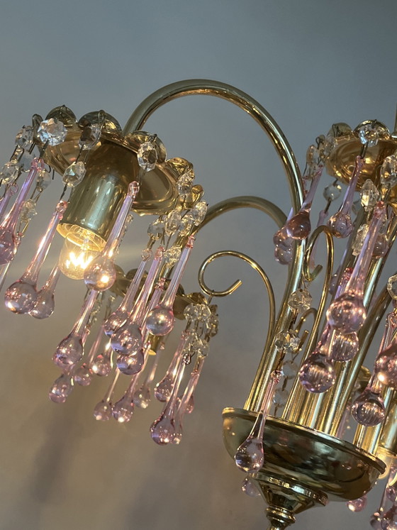 Image 1 of XL Vintage Chandelier Pink Teardrop Pendant Lamp from Murano