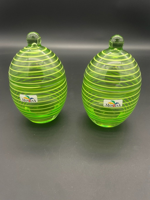 2 Montana Glazen Potten met Deksel – Lichtgevend Groen Glas met Spiraaldecor – Vintage Design