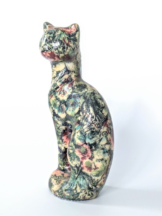 Image 1 of Papier Mâché Cat | Floral Decoupage Figurine | Vintage