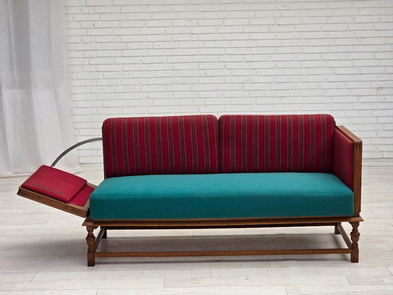 Image 1 of 1950s, Danish 2 seater drop arm sofa, original striped red furniture wool, oak wood.