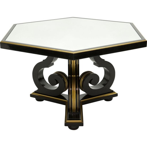 Mesa de comedor neoclásica vintage de Maurice Hirsch, madera negra con espejo dorado, Francia, década de 1970