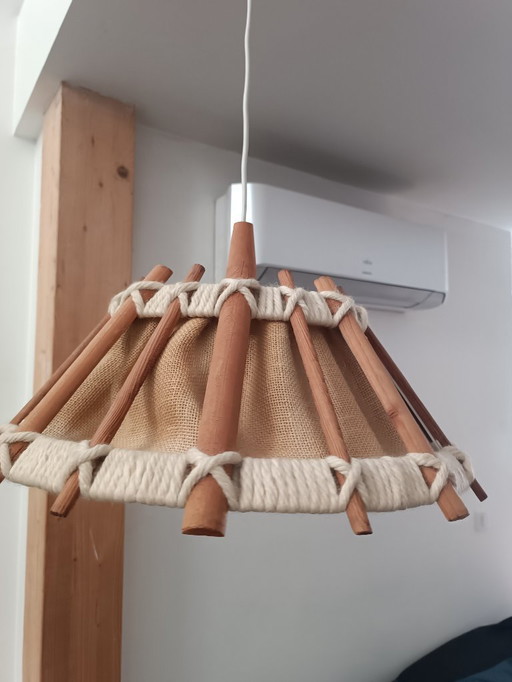 Lampada a sospensione vintage in legno e corda, anni '90