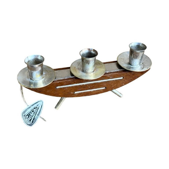 Image 1 of Stylish mid‑century modern candlestick JRUS‑Metall GmbH – wood+metal Germany 1960s