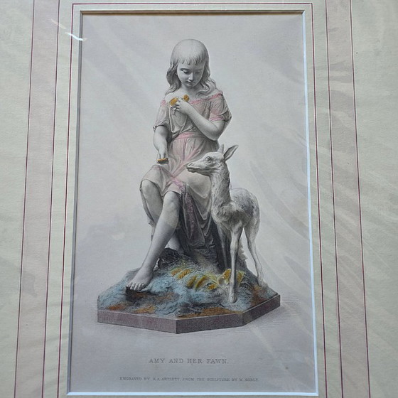 Lithographie ancienne représentant Amy et son faon, R.A. Artlett, début du XXe siècle (photo 3 of 5)