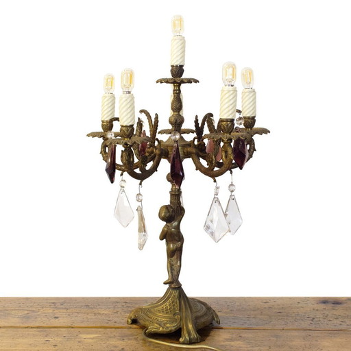Vintage Bronze Candelabra Lamp with Purple Crystals, 1930s