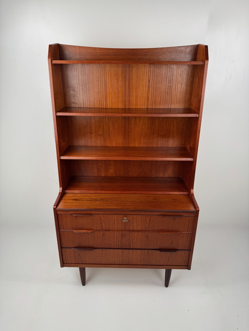 Dänisches Teakholz-Bücherregal mit ausziehbarem Schreibtisch – Eleganter Arbeitsplatz im Mid-Century-Stil