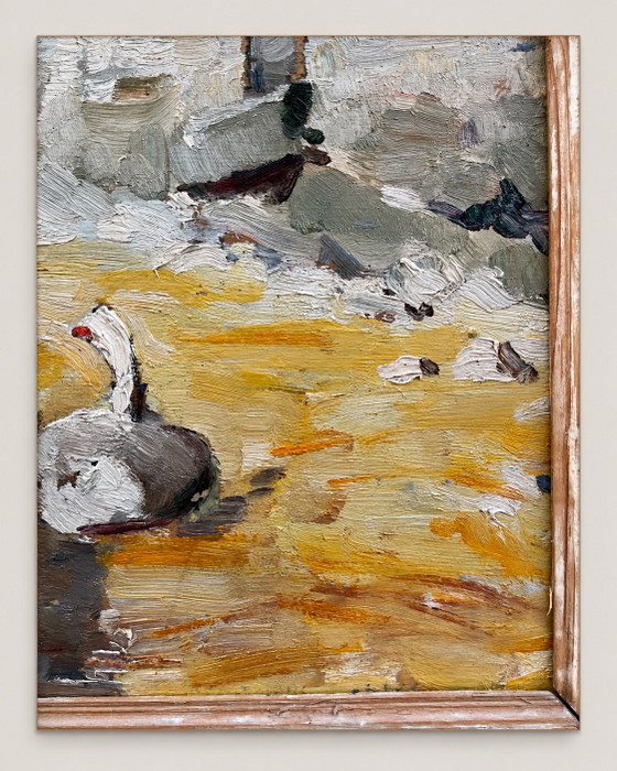 1930 French Double-Sided Oil Painting with Geese and Boat, Rustic Frame, Paintings & Drawings, Other, Wood (photo 6 of 9)
