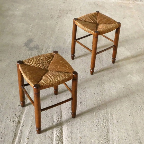 pair of wooden and straw stools, 1960 – Mid Century Modern (photo 3 of 5)