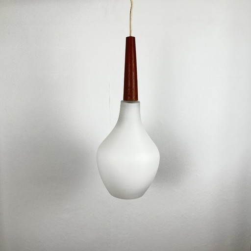 Scandinavian opaline and teak pendant light, midcentury modern