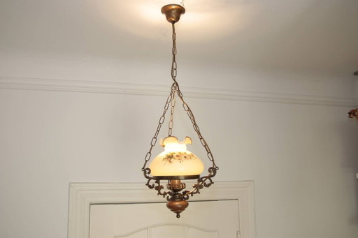 Ceiling lamp, pendant lamp, petroleum glass shade, 75-90cm, vintage