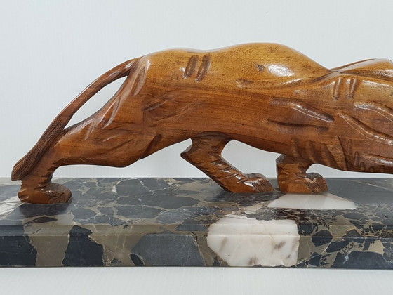 Image 1 of Art Deco Panter 1920-1930 in walnoothout en marmer, vintage jaren 20, 30, 1920, 1930