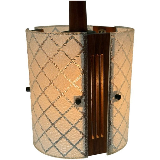 Ca. Plafonnier des années 1960 - design scandinave - avec bois de teck et verre incurvé, y compris le baldaquin d'origine !