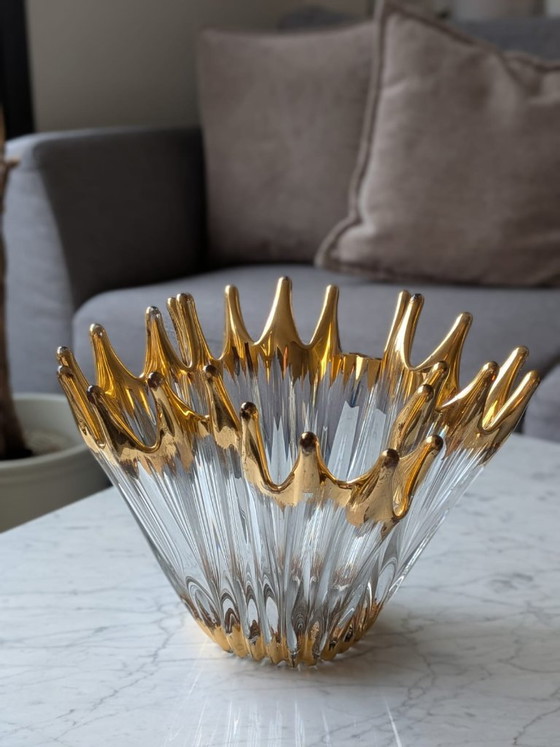 Spectaculaire Murano-stijl glazen "Splash" schaal met gouden reflecties, Vazen, Gold (foto 2 van 9)