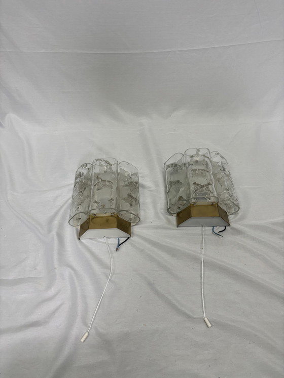Image 1 of Set of 2 vintage Doria Leuchten ice glass wall lamps 1960s