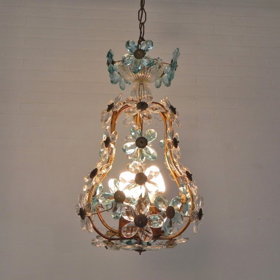 Image 1 of Hanglamp versierd met 42 bloemen in blauw en helder kristal, Maison Bagues stijl, jaren 30