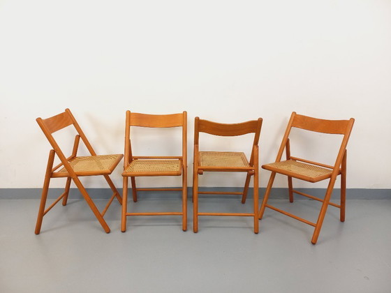 Image 1 of Set of 4 vintage Habitat folding chairs in beech wood and caning from the 1980s