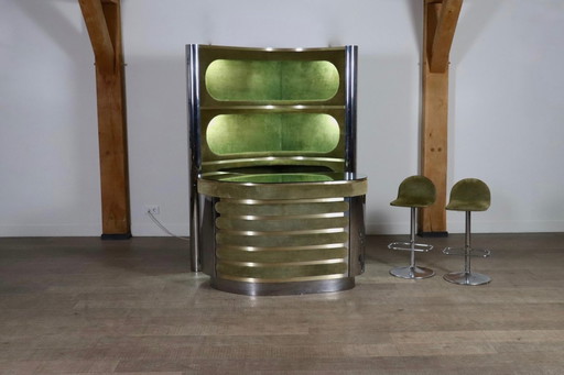 Mobile bar in pelle scamosciata e cromo con sgabelli da bar in verde di Willy Rizzo, Italia anni '70