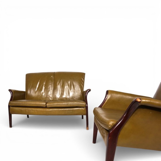 Image 1 of Froxfield 2 leather armchair and leather sofa set, moss green, by Parker Knoll, 1960