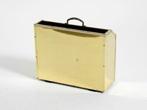 Image 1 of Extraordinary 1980s newspaper rack made of brass and wood in Hollywood Regency design