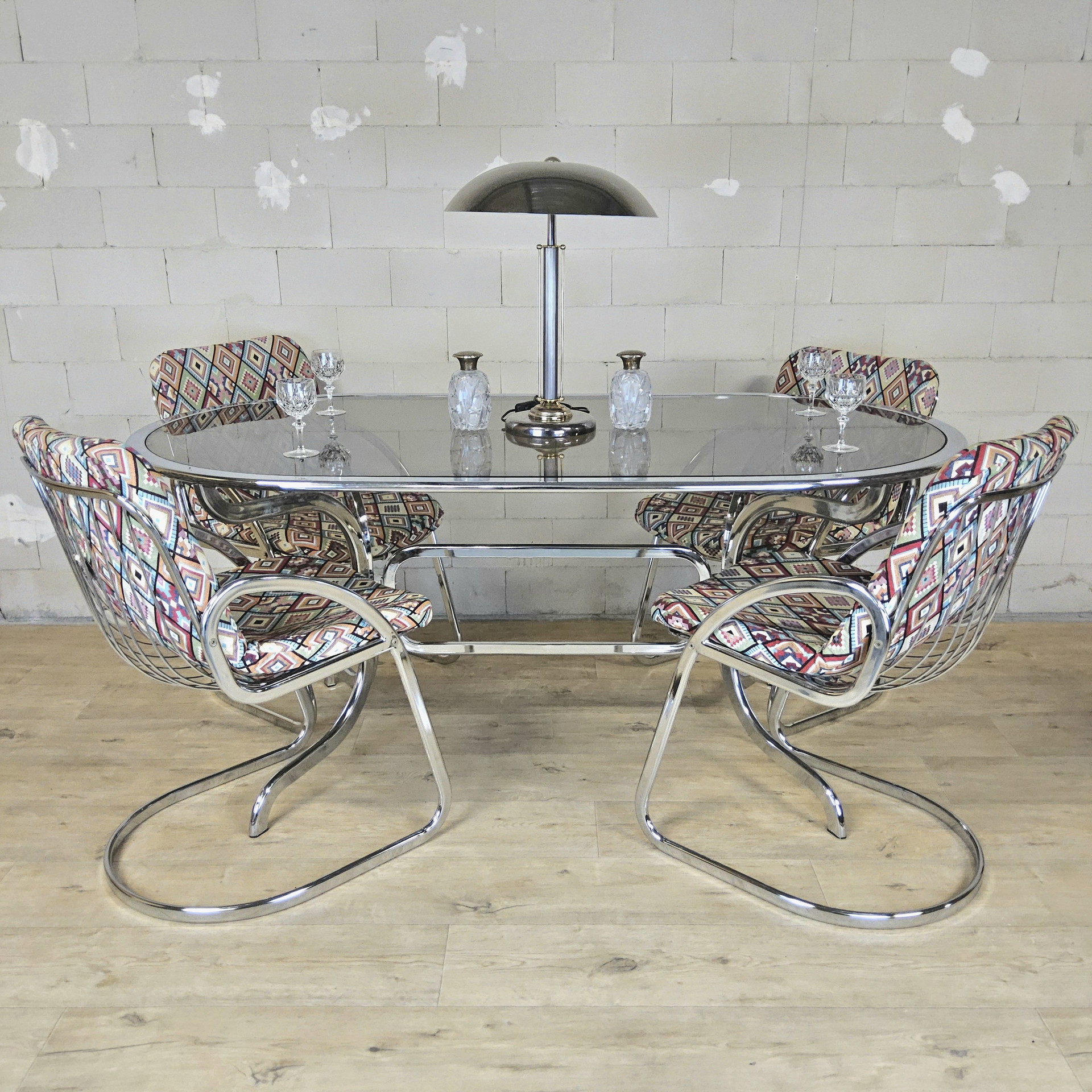Vintage Gastone Rinaldi for Rima chrome & smoked glass dining