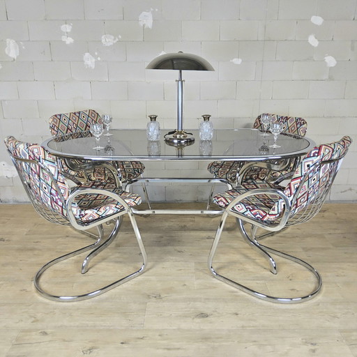 Vintage Gastone Rinaldi for Rima chrome & smoked glass dining table + chairs with colorful upholstery (Itilian design)