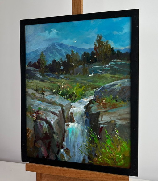 Original Oil Painting Summer Nature Landscape Mountain waterfall