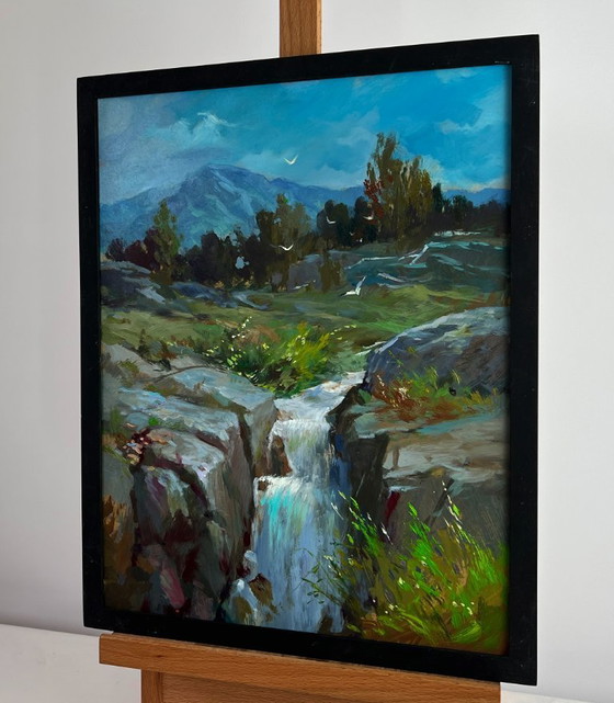 Image 1 of Original Oil Painting Summer Nature Landscape Mountain waterfall
