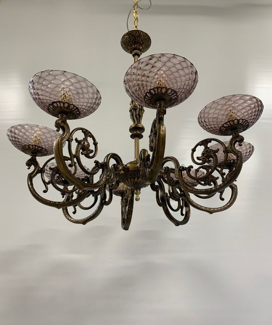Image 1 of Vintage Murano glass chandelier by Seguso, signed in bronze and brass.