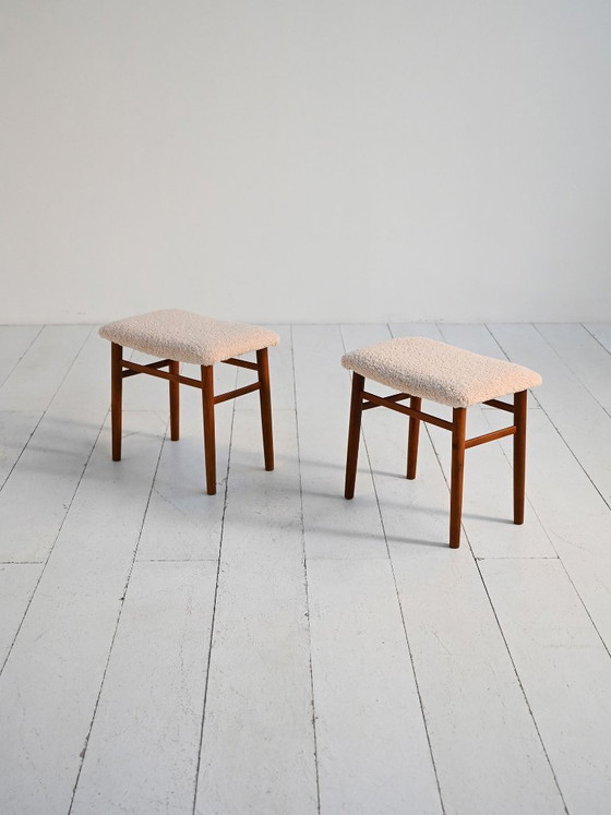 Image 1 of Scandinavian teak stools with sheepskin seat, 1960s
