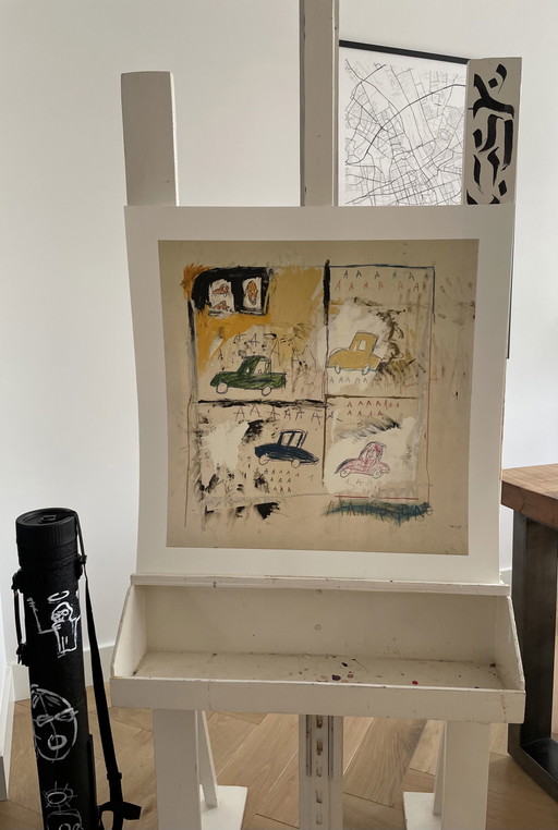Jean Michel Basquiat, Old Cars 1981, copyright di Jean Michel Basquiat e stampato nel Regno Unito. Concesso in licenza da Artest