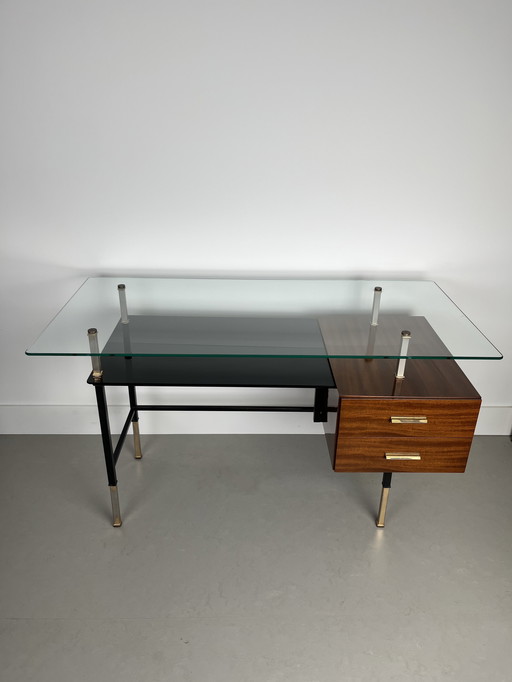 Italienischer Schreibtisch von 1950 aus Glas, Mahagoniholz ​​und vergoldetem Metall