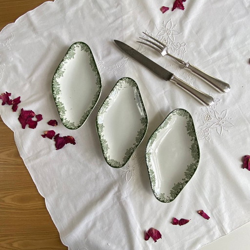 Ensemble de 3 raviers petit plat de service terre de fer Saint Amand et Hamage modèle Platane vert