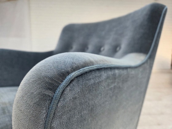 1970s, Danish armchair, furniture velour, beech wood., Velvet, Blue (photo 4 of 17)