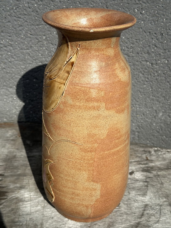 Image 1 of Vaso Vintage céramique années 60 décor floral - signé Vallauris H 20 cm