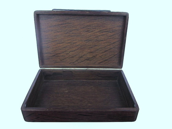 Image 1 of Danish Design Bog Oak Wood Mid-Century Cigarette Box, Signed and Hallmarked, with Sterling Silver Inlaid Floral Design