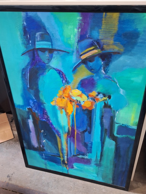 Peinture abstraite en bleu et vert