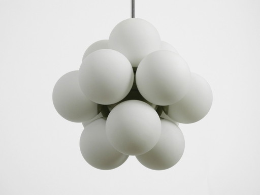 Beautiful Unused 1960S Atomic Space Age Kaiser Leuchten Metal Ceiling Lamp With 12 Glass Spheres In Light Gray