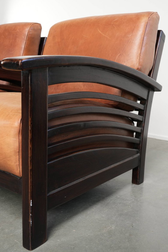 2 begehrenswerte cognacfarbene Rindsleder Art Deco Sessel aus dem 20. Jahrhundert – Leather (photo 13 of 13)