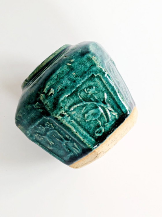 Image 1 of Pot à gingembre Shiwan chinois vintage, récipient hexagonal en faïence émaillée verte, pièce de collection