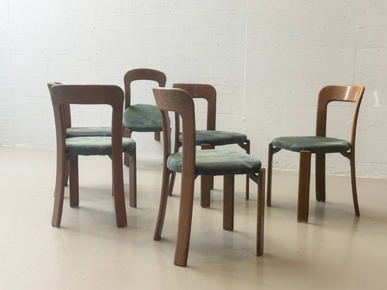 Stapelbare stoelen van Bruno Rey met groene stoffen zittingen voor Dietiker, Zwitserland, jaren 70. (photo 7 of 13)