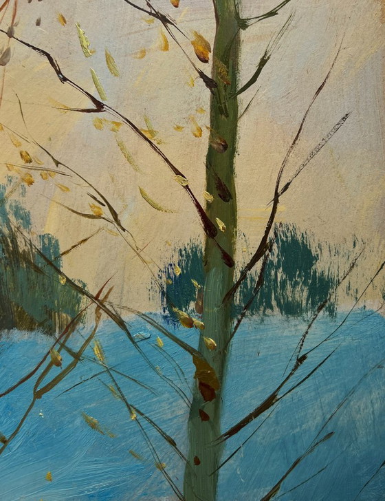 Image 1 of Original Oil Painting Snow Village Landscape Enjoying the winter sunset