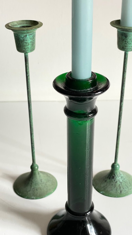 Image 1 of Vintage Glass and Metal Candle Holders Green