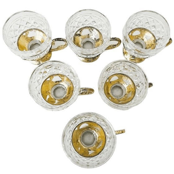 Image 1 of Vintage set of glass coffee cups in gold plastic holder 1970s