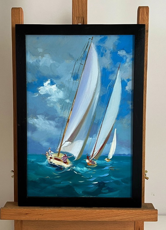Image 1 of Dipinto ad olio originale raffigurante un paesaggio marino con onde, yacht e barche a vela in mare.