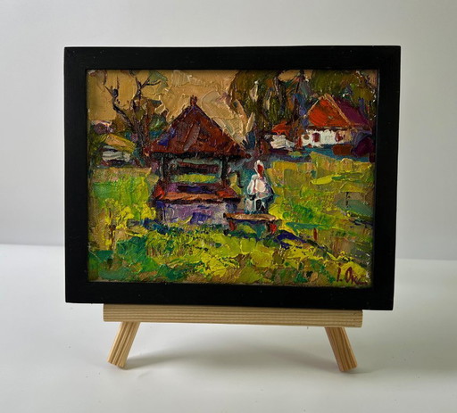 Original Oil Painting Rural Evening Landscape Village Everyday Life – schilderijen tekeningen, Canvas