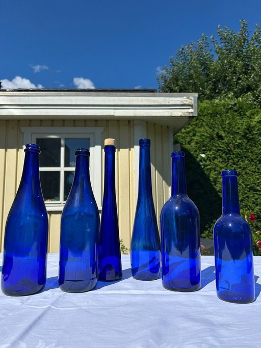 Set of 6 cobalt blue glass bottles / vases / vintage blue decorations