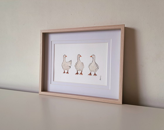 Image 1 of Watercolor painting Three Geese, original with frame