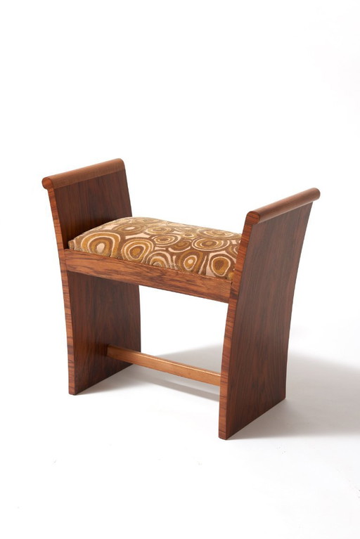 Art-Deco-Fußstütze aus Walnuss und goldenem Samt