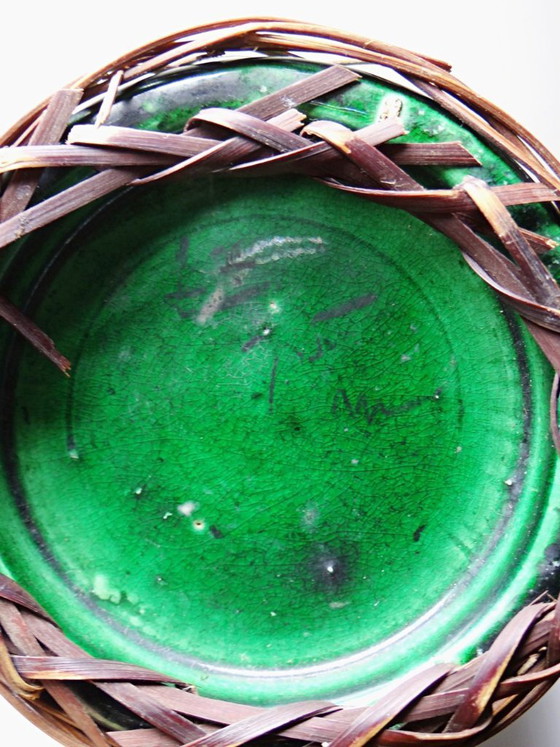 Image 1 of Antique Japanese green ceramic vase with Awaji Yaki bamboo lacing, 1900-1930